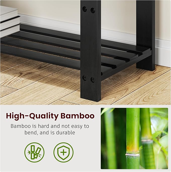 Bamboo Shoe Bench, 3-Tier Shoe Rack, Entryway Bench with Cushion and Adjustable Shelves, Shoe Rack for Entryway, Hallway, Mudroom and Living Room, Black