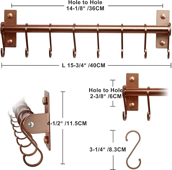 Dseap Kitchen Utensil Holder Hanger, Pot and Pan Rack Wall Mounted, Kitchen Rail with 8 Hooks for Hanging Cooking Utensils, Mugs, Spoons, Wall Mounted, Rose Gold-NeatNest