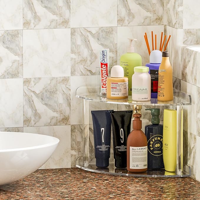 2 Tier Acrylic Corner Shelf Organizer Storage 9.5x9.5x8 Inch, Transparent Countertop Corner Shelf for Bathroom, Kitchen, Bedroom, Office, Study Room-NeatNest
