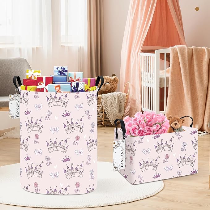 FANKANG Storage Basket, Nursery Hamper Canvas Laundry Basket Foldable with Waterproof PE Coating Large Storage Baskets for Kids Boys and Girls, Office, Bedroom, Clothes,Toys(Princess Castle)