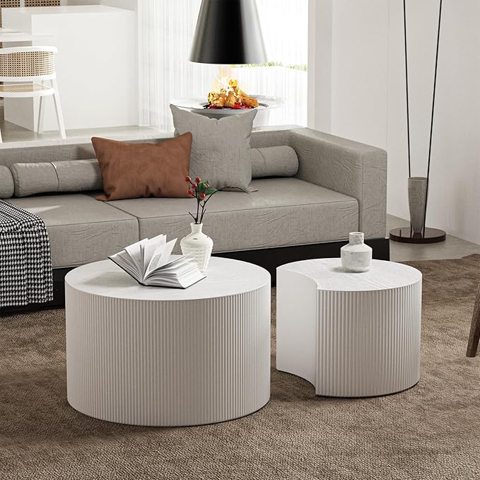 Round Nesting Coffee Table,Modern Fluted Coffee Tables Set of 2, Circle Vertical Stripe Design Drum Center Table Crescent Side Accent and Tables for Living Room (White)