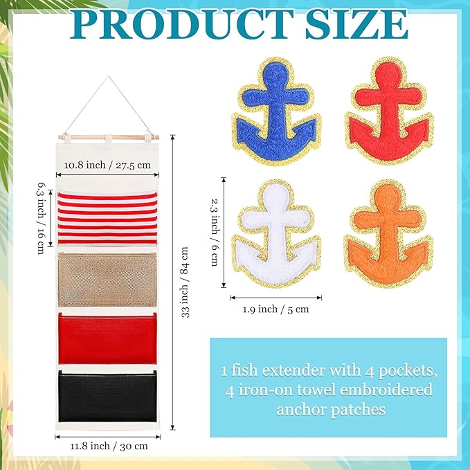 Fish Extender Cruise Gift Hanging Organizer with 4 Pockets and 4 Pcs Iron on Anchor Patches Cabin Door Hanger Storage Bag 2025 FE for Exchange Gifts and Pixie Dusting(Orange,White,Red,Blue)-NeatNest