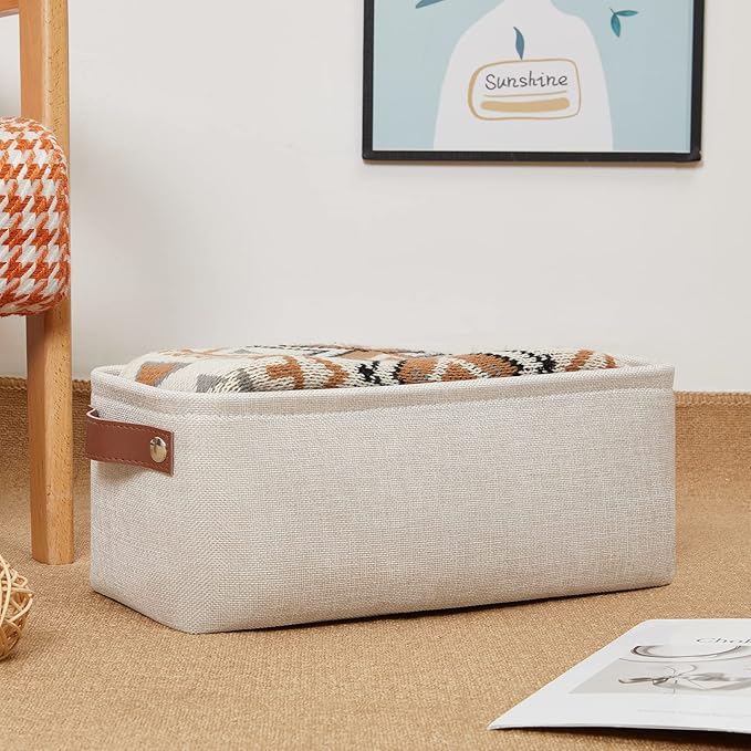 DULLEMELO Small Storage Basket, Toilet Paper Basket Narrow Storage Bin for Bathroom, Bathroom Basket for Organizing with Leather Handles, Canvas Storage Basket for Toilet Magazine Holder(Beige)-NeatNest