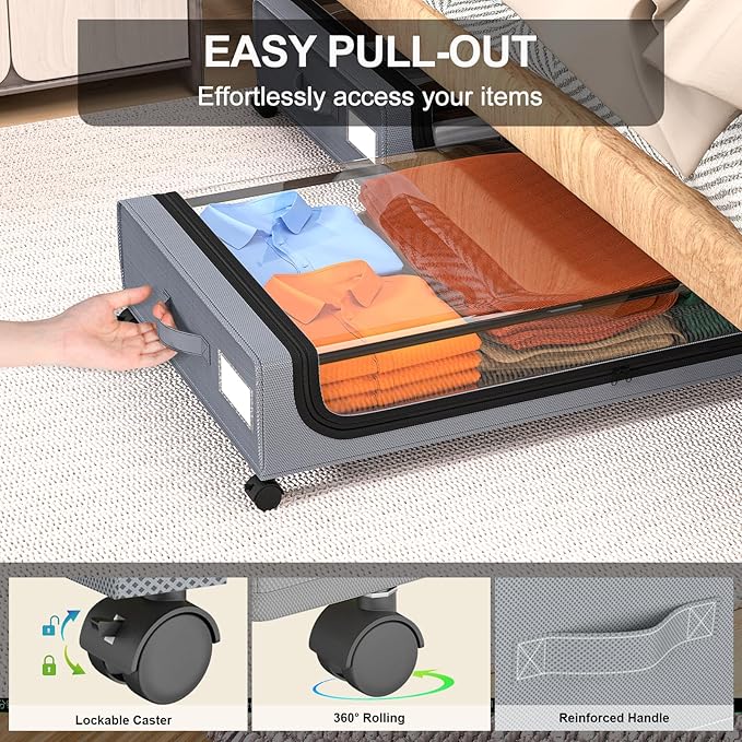 GoMaihe Under Bed Storage with Wheels: XXL Underbed Storage Containers with Lids - Rolling Bins for Shoes Clothes in Dorm Bedroom - Metal Drawers Easy Pull-out Grey 2-Pack-NeatNest