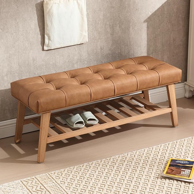 Entryway Shoe Bench Storage Benches with Upholstered Button Tufted Seat and Open Slatted Shelf PU Leather Ottoman Bench for Hallway Living Room Bedroom End of Bed, Brown-NeatNest