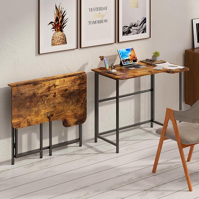 4NM Folding Desk, 35.4 Inch Small Foldable L Desk for Small Spaces, Space Saving Computer Table Writing for Home Office Bedroom, Easy Assembly, Rustic Brown-NeatNest