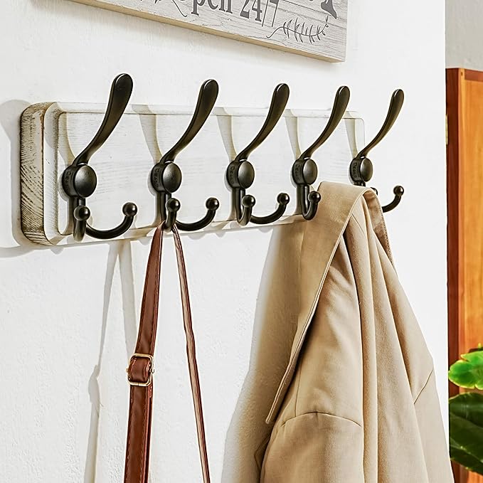 Dseap Coat Rack Wall Mounted - 5 Tri Hooks, Heavy Duty, Wooden Wall Coat Hanger Coat Hook for Clothes Hat Jacket Clothing, White & Black