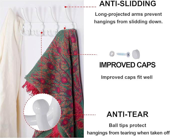 Dseap Wall Mounted Coat Rack - 5 Tri Hooks, Heavy Duty, Stainless Steel, Metal Coat Hook Rail for Coat Hat Towel Purse Robes Mudroom Bathroom Entryway,White-NeatNest