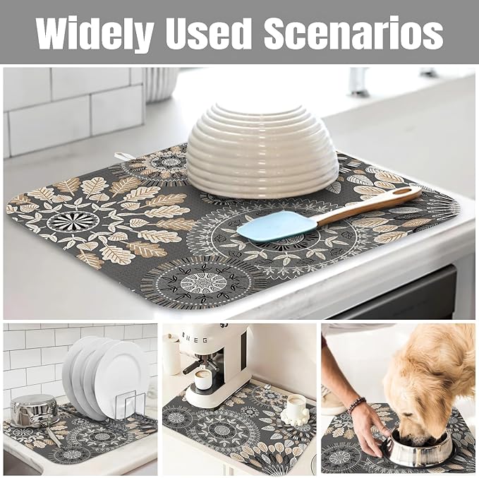 Dish Drying Mat for Kitchen Counter Large 18" x 24" Mandala Absorbent Microfiber Dishes Drainer Rack Mats Pad Reusable Washable