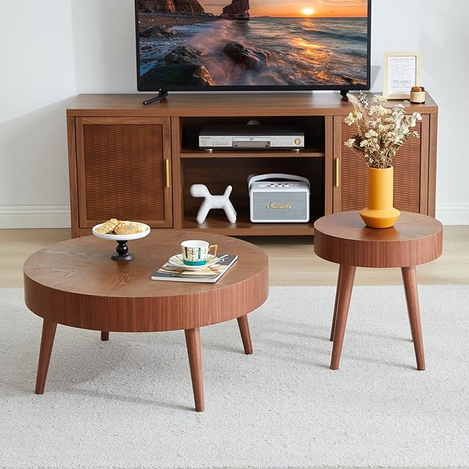 AVZEAR Nesting Round Coffee Table Set of 2, Mid Century Modern Coffee Table, Natural Wood Nesting Tables Walnut Side Table and Farmhouse End Table Set for Living Room Bedroom, Cafe, Office(Walnut)