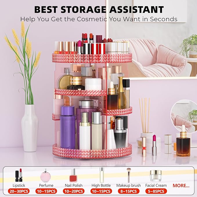 360 Degree Rotating Makeup Organizer, Extra Large Capacity Perfume Holder, Removable 7 Layers Cosmetics Organizer, Make Up Organizer For Countertop Storage Skincare or More (Pink)-NeatNest