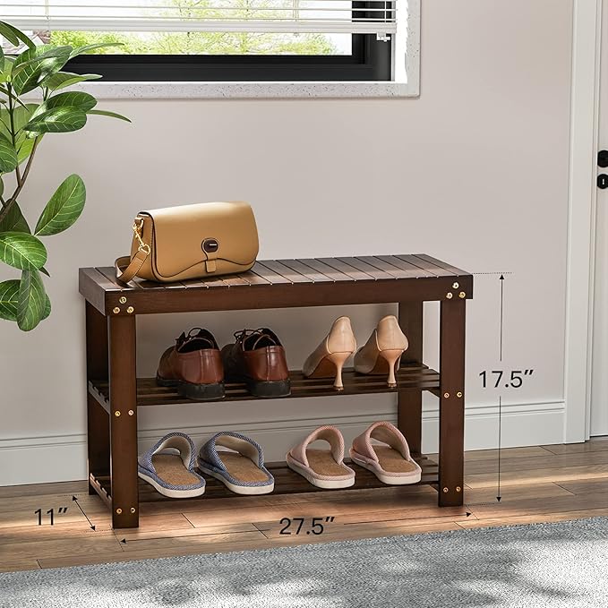Pipishell Bamboo Shoe Rack Bench, 3 Tier Sturdy Shoe Bench, Storage Shoe Organizer, Holds up to 300lbs for Entryway Bedroom Living Room Balcony, Brown-NeatNest