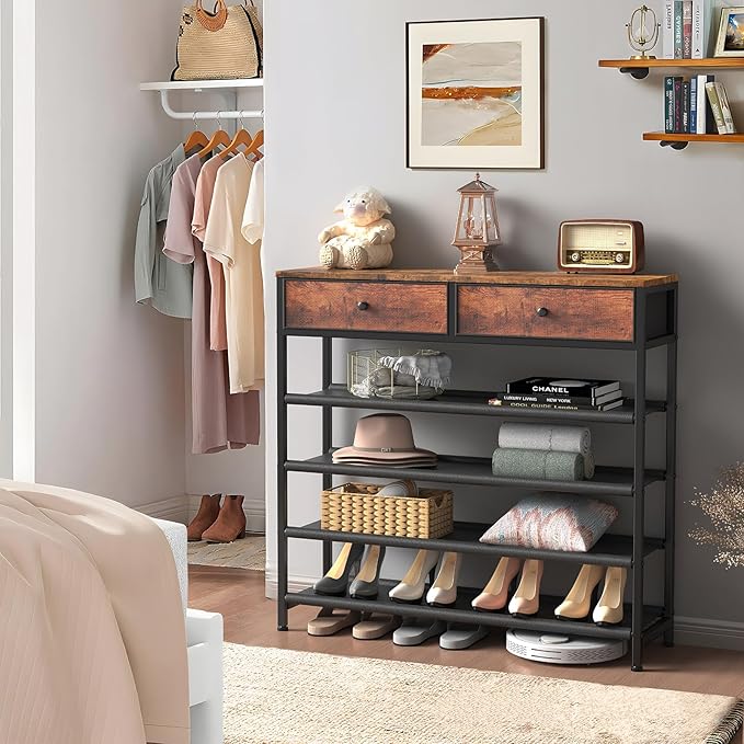 usikey Shoe Rack, 5 Tier Shoe Storage Organizer with 2 Drawers, Metal Shoe Shelf for 16-20 Pairs of Shoes, with 4 Fabric Shelves and Wooden Top, Shoe Stand for Closet Entryway, Rustic Brown-NeatNest