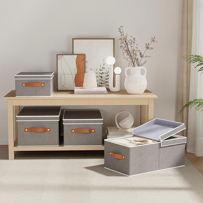 3-Pack Storage Boxes, Foldable Blanket Basket with Detachable Lid, Linen Closet 0rganizers with Double Handles, Collapsible Cubes for Organizing, Grey, 18.5 x 11 x 7.9 in-NeatNest