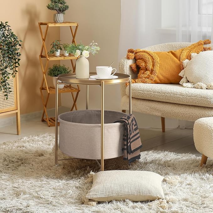 danpinera Round Side Table with Fabric Storage Basket, Metal Side Small Bedside Table Nightstand with Removable Tray Top for Living Room, Bedroom, Nursery, Laundry, Gold-NeatNest