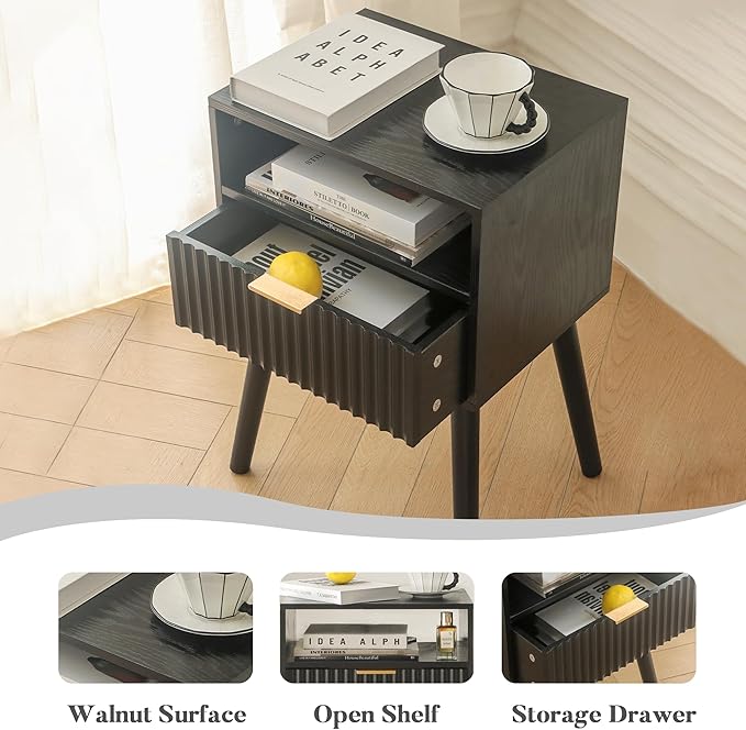 Black Nightstand, Modern Bedside Table with Fluted Drawers, Small Night Stand with Storage and Solid Wood Legs for Bedroom, Dorm and Small Space (Black)-NeatNest