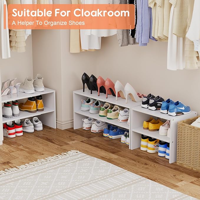 2-Tier Expandable White Shoe Rack Organizer for Closet, Stackable Shoe Rack Storage Shelf, Small Iron Wood Combination Shoe Shelves for Closets,Entryway,Front Door, Narrow Space,Hallway,6-12 Pairs-NeatNest