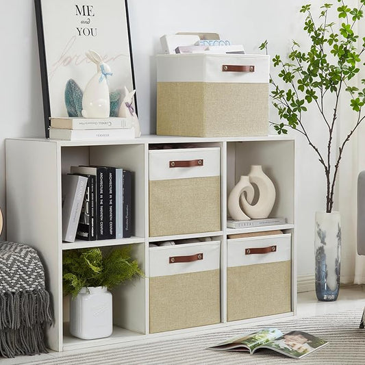 Collapsible Fabric Storage Cube Bins with 2 Reinforced PU Handles, Foldable Storage Organizer Baskets for Closet, Shelves, Living Room | 13"x13"x13", 4 Pack, Beige & White-NeatNest