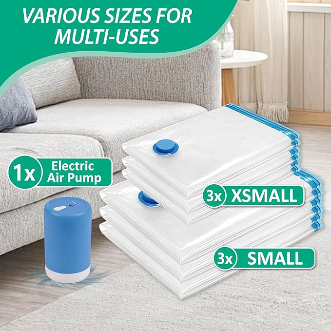 Cozy Essential Travel Vacuum Bags with Electric Pump, 6 Pack Vacuum Travel Bags for Luggage and Suitcase, Vacuum Seal Space Saver Compression for Clothes Clothing-NeatNest