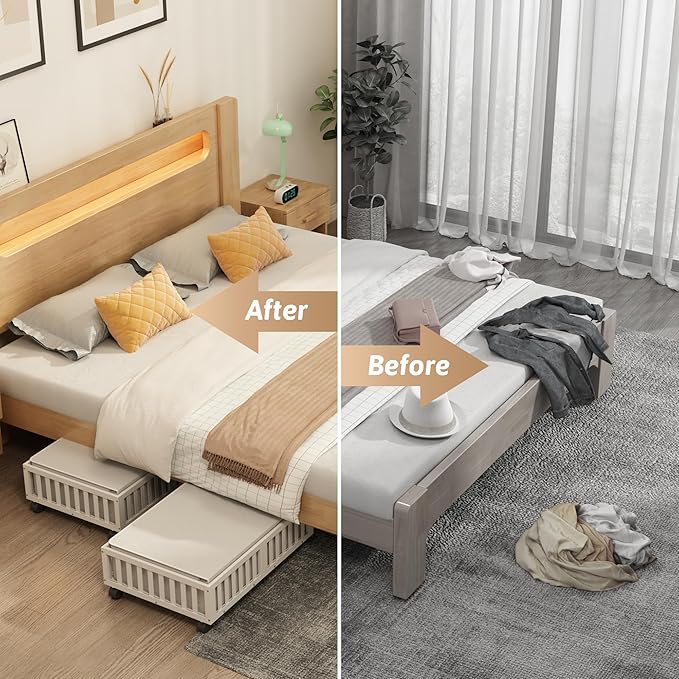Bamboo Under Bed Storage Containers with Wheels, 2 Pack Under the Bed Shoe Storage Bins, Wood Rolling Underbed Drawers Organizer for Bedroom, Closet, Clothes Blanket Comforter and Under Crib Toy White-NeatNest