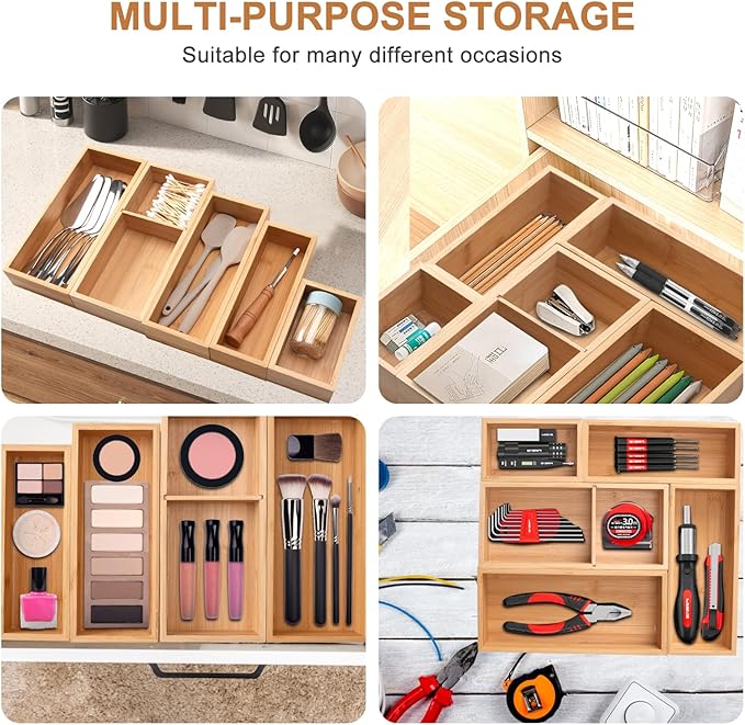 Bamboo Drawer Organizer 5 Pcs for Kitchen Multi-purpose Storage Dividers for Kitchen, Office, Jewelry, Cosmetics, Wooden Drawer Dividers for Drawer Organizer Desk Organizer Gift for Women Gifts Idea-NeatNest
