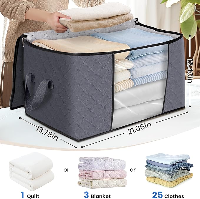 Fab totes 3-Pack Clothes Storage, Foldable Blanket Storage Bags, Containers for Organizing Bedroom, Closet, Clothing, Comforter, Organization with Lids and Handle, Grey-NeatNest
