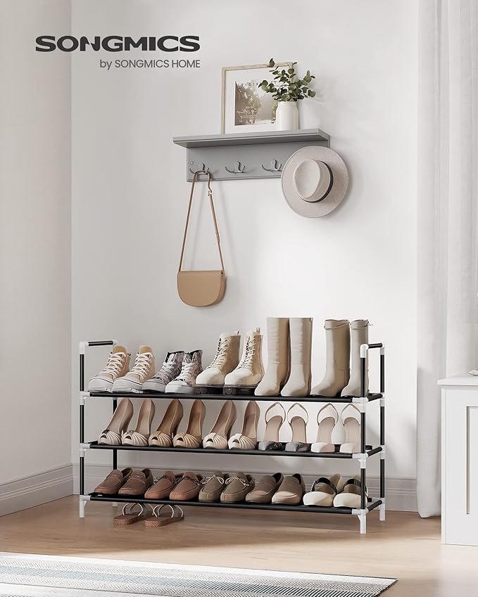 SONGMICS 3-Tier Shoe Rack, Shoe Storage for Hallway Closet, Slim and Space-Saving, Metal Frame, Non-Woven Fabric Shelves, Black ULSH053B01-NeatNest