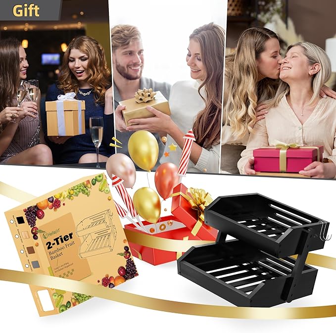 Bamboo 2 Tier Fruit Basket for Kitchen Counter, Large Capacity Fruit Storage Countertop, Fruit Holder, Wood Pantry Organizers and Storage, Kitchen Countertop Organizer With Two Banana Hangers (Black)