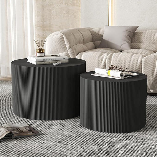 Black Round Coffee Table Set of 2, Modern Wooden Nesting Coffee Tables for Living Room, No Assembly Required Circle Side Tables Set Accent End Table for Bedroom, Balcony-NeatNest