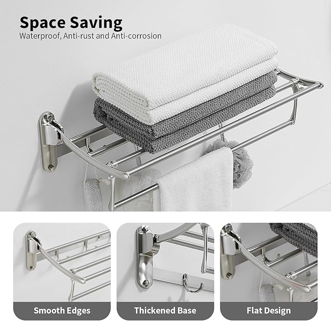 BESy 24 Inch Brushed Nickel Towel Racks, Bathroom Towel Shelf with Foldable Towel Bar Holder and Towel Hooks, Wall Mounted Multifunctional Bathroom Accessories, Double Towel Bars-NeatNest