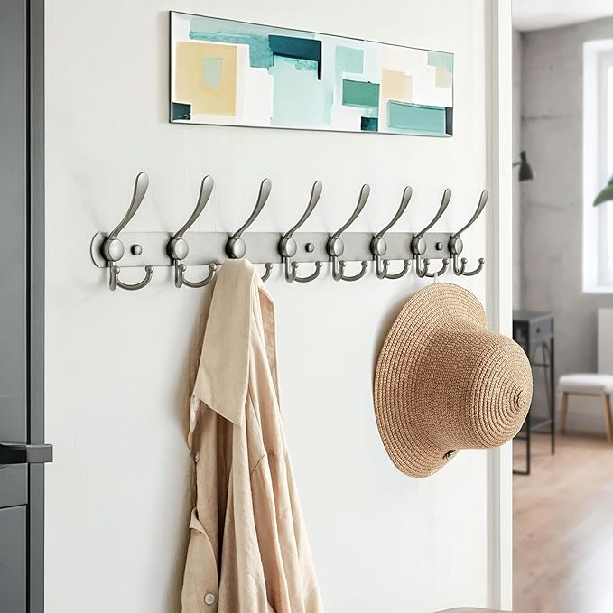 Dseap Coat Rack Wall Mount - 29.5” Long 8-Tri-Hooks Heavy Duty Coat Hanger Rail Wall Hooks for Hanging Coats Hats Clothing Clothes Purse Mudroom Entryway, Gray-NeatNest