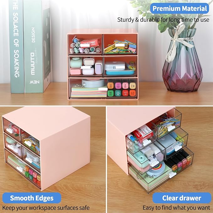 Desk Organizer with 5 Drawers, Rectangular Office Stationery Supplies Desktop Drawers, Plastic Makeup Storage, Suitable for Office, School, Home (Pink & 5 Drawers)-NeatNest