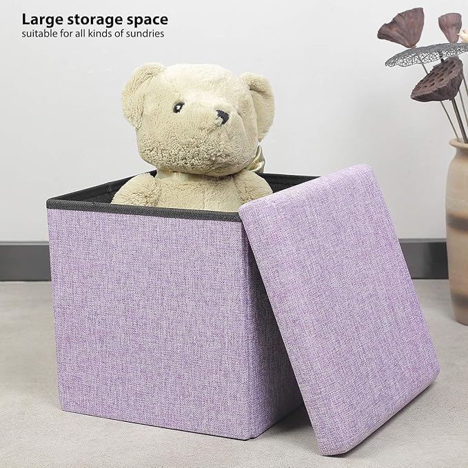 B FSOBEIIALEO Storage Ottoman Cube, Linen Small Foot Seat, for Living Room, Bedroom, Home Office, Dorm Storage Footrest Light Purple 11.8"x11.8"x11.8"