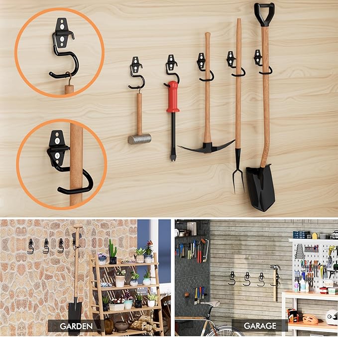 LIGHT DUST Broom Holder Wall Mount - 6 Pack Tool Hangers Garage Wall Hanging Organizer - Heavy Duty Metal Large S Hooks for Mop Shovel Rake Shed Garden Lawn Yard Handle Tools Organization (Black)-NeatNest