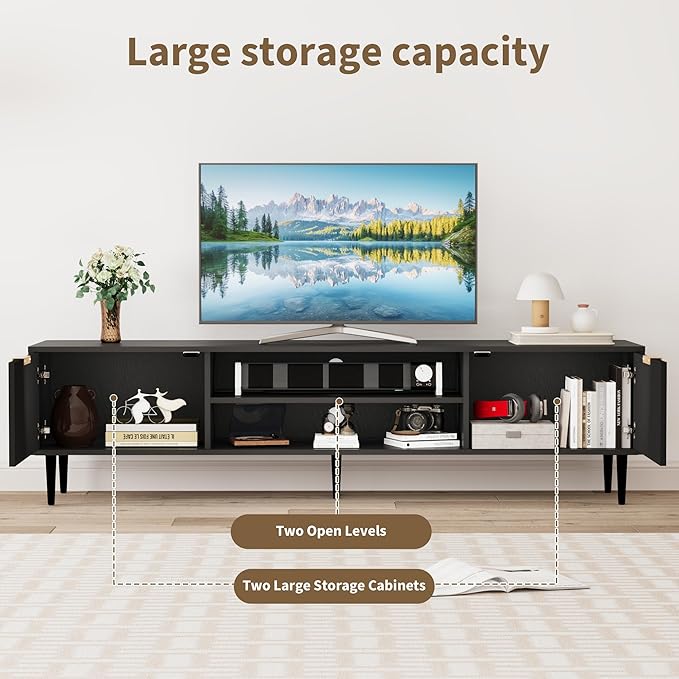 Black TV Stands, Mid Century Modern TV Stand, with 2 Large Storage Cabinets, for TVs Up to 75 in, Black Entertainment Center with Fluted Panel Design, TVs Stands for Living Room, for Bedroom, Office-NeatNest