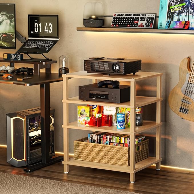 4-Tier AV Media Player Stand, Natural Stereo Cabinet, Modern Audio Shelf, Wooden TV Stand,Game Console Shelf, Multifunctional Entertainment Center, Suitable for Home, Conference Room, Game Studio-NeatNest