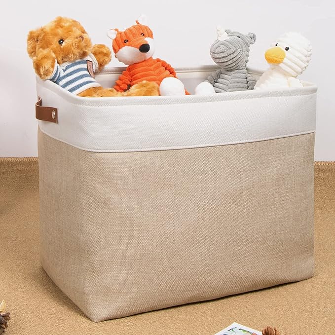 DULLEMELO Large Collapsible Storage Basket/Bin with Sturdy Leather Handles, Fabric Organizer Bin for Storage Clothes, Toys, Books, Office, Bedroom, Closet, Nursery & Laundry (White&Khaki)-NeatNest