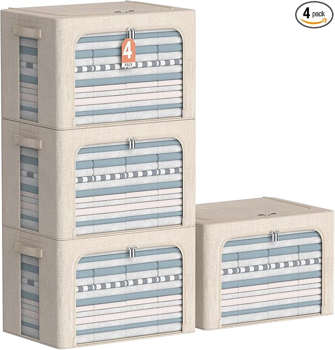 4 Pack Clothes Storage Bins with Metal Frame - Linen Fabric Foldable Stackable Container Organizer Set with Clear Window & Carry Handles & Zippers (Beige, 23.6"x16.5"x15.7")-NeatNest