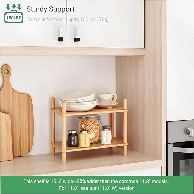 Bamboo Rack | Tool-Free Expandable (2-6 Tiers) | Kitchen Spice Organizer & Office Breakroom Snack/Cup Storage (Natural Bamboo)(Powered by Gogogo) (Natural, 15.6" W(2 Tier))-NeatNest