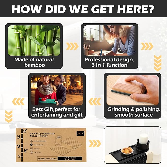 Couch Cup Holder Tray, 15.75" Bamboo Cup Holder for Couch, 3 in 1 Foldable Arm Chair Clip on Side Tray Table for Remote Snack Table on Armrest-NeatNest