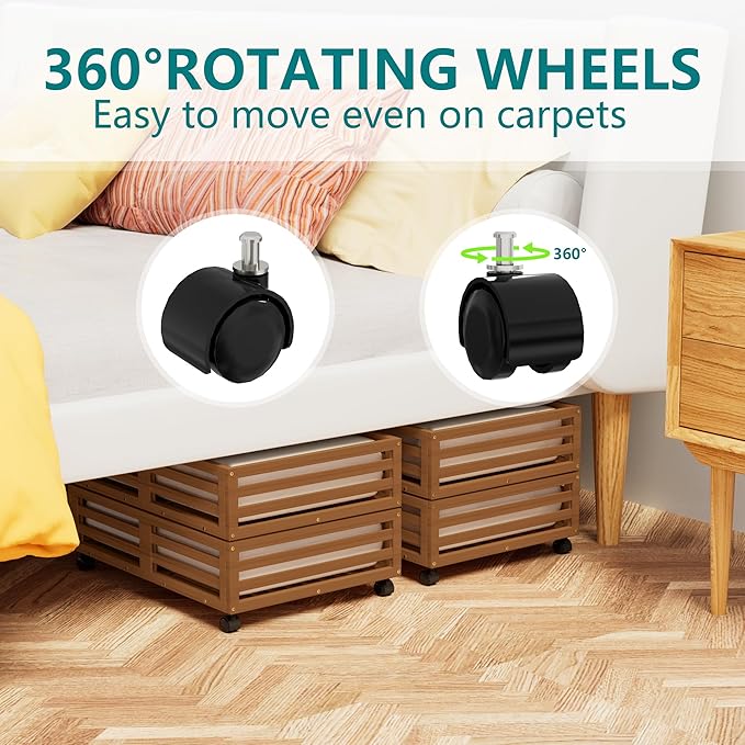 Bamboo Under Bed Storage Containers- Underbed Organizer with Wheels with Large Dust Bag,Sturdy Wood Rolling Under the Bed Shoe Storage Organizer Drawer 2 Packs (Walnut, Small)-NeatNest