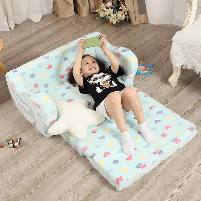 Extra Wider Seating Toddler Couch, 2-in-1 Toddler Soft Couch Fold Out with Star Pillow, Convertible Sofa to Lounger for Girls and Boys-NeatNest