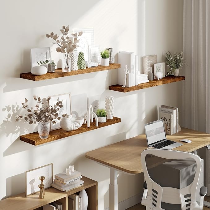 BAMEOS Floating Shelves, American Oak Wall Mounted Wooden Shelves with Invisible Brackets Set of 3, Hanging Wall Shelves Decoration for Bedroom, Bathroom, Living Room and Kitchen-NeatNest