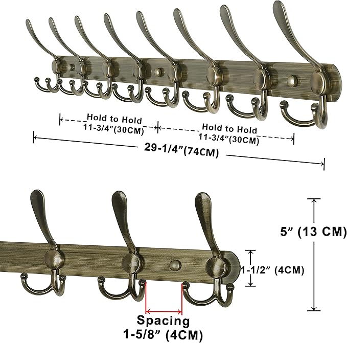 Dseap Coat Rack Wall Mount - 29.5” Long 8-Tri-Hooks Heavy Duty Coat Hanger Rail Wall Hooks for Hanging Coats Hats Clothing Clothes Purse Mudroom Entryway, Bronze, Pack of 2-NeatNest