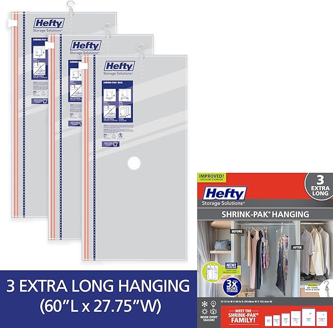 Hefty Shrink-Pak Hanging Vacuum Storage Bags – For Clothes, Pillows, Towels, Blankets & More – Space Saver Vacuum Suction Sealer for Home or Travel – 3 Extra Long Hanging, 60 x 27 Inches