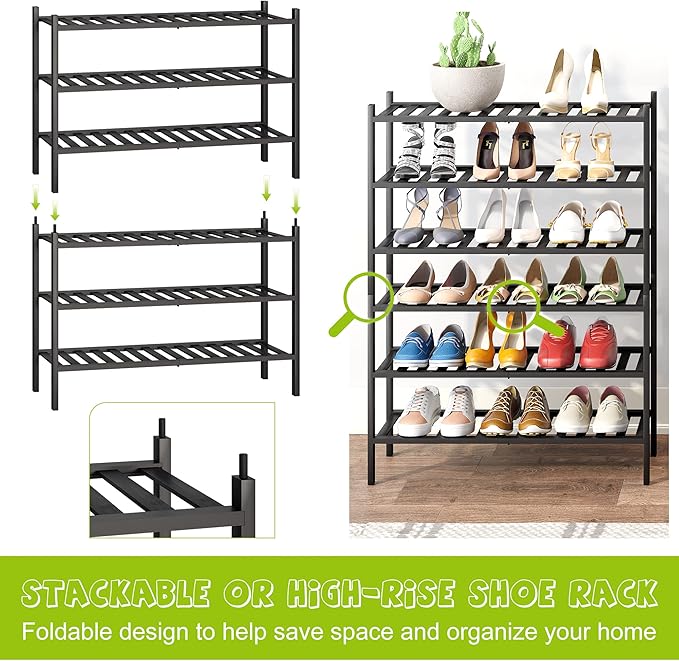 BMOSU 3-Tier Bamboo Shoe Rack Premium Stackable Shoe Shelf Storage Organizer for Hallway Closet Living Room Entryway Organizer (Black Bamboo)-NeatNest