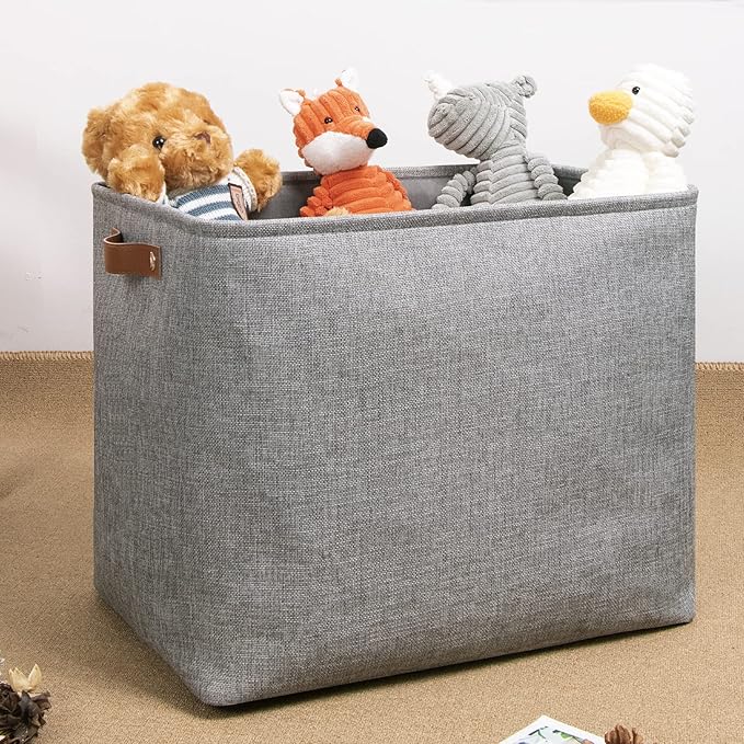 DULLEMELO Large Collapsible Storage Basket/Bin with Sturdy Leather Handles, Fabric Organizer Bin for Storage Clothes, Toys, Books, Office, Bedroom, Closet, Nursery & Laundry (Gray)-NeatNest