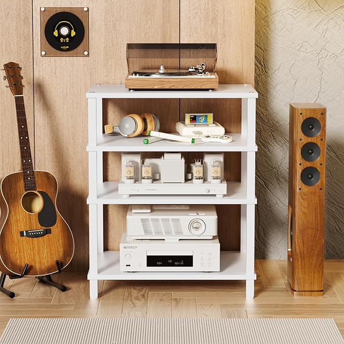 4-Tier AV Media Player Stand, White Stereo Cabinet, Modern Stereo Cabinet, Wooden TV Stand,Game Console Shelf, Multifunctional Entertainment Center, Suitable for Home, Conference Room, Game Studio,-NeatNest