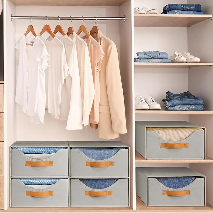 6 Pcs Closet Drawers and Large Size Clothes Storage Bins Push-Out Storage Stackable Shelf Drawers with See-Through Window Closet Organizers for Bedroom, Living Room, Under Bed, Grey-NeatNest