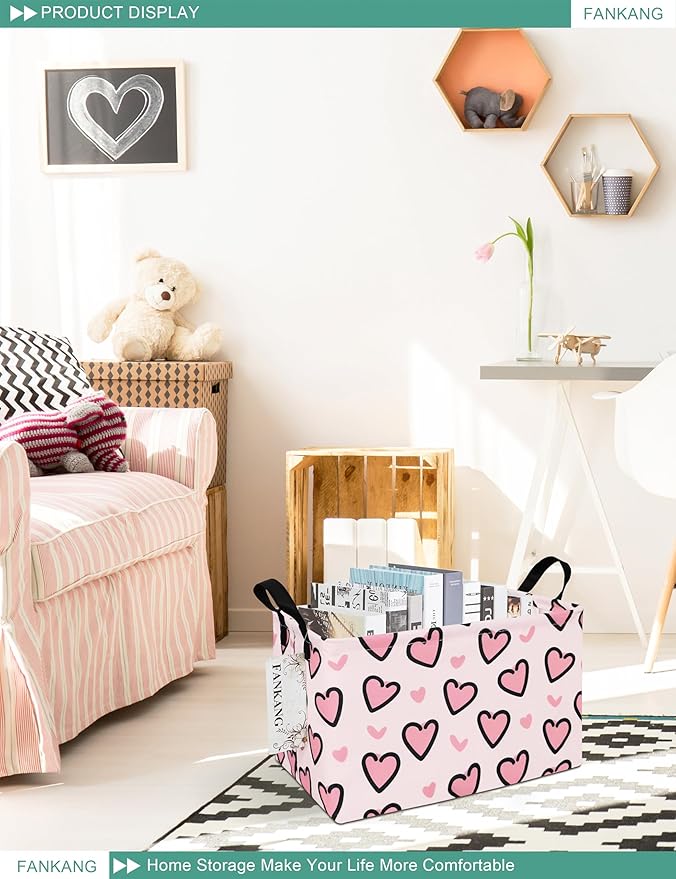 FANKANG Storage Bins, Nursery Hamper Canvas Laundry Basket Foldable with Waterproof PE Coating Large Storage Baskets for Kids Boys and Girls, Office, Bedroom, Clothes,Toys(Rec-Pink Love )